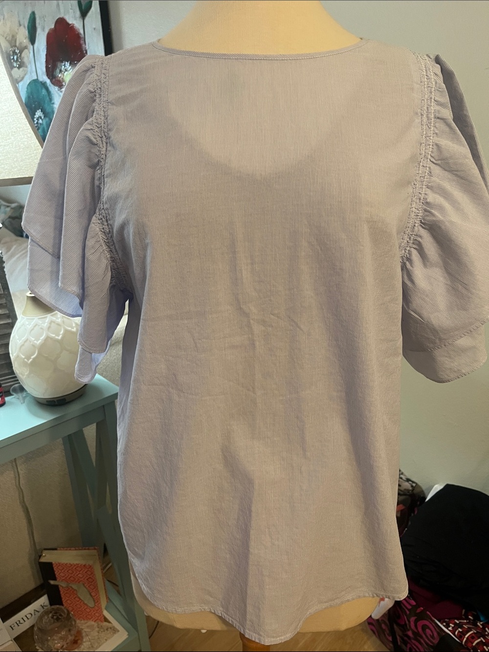 Women’s Lightweight Light Blue and White pinstriped Short-Sleeve Blouse